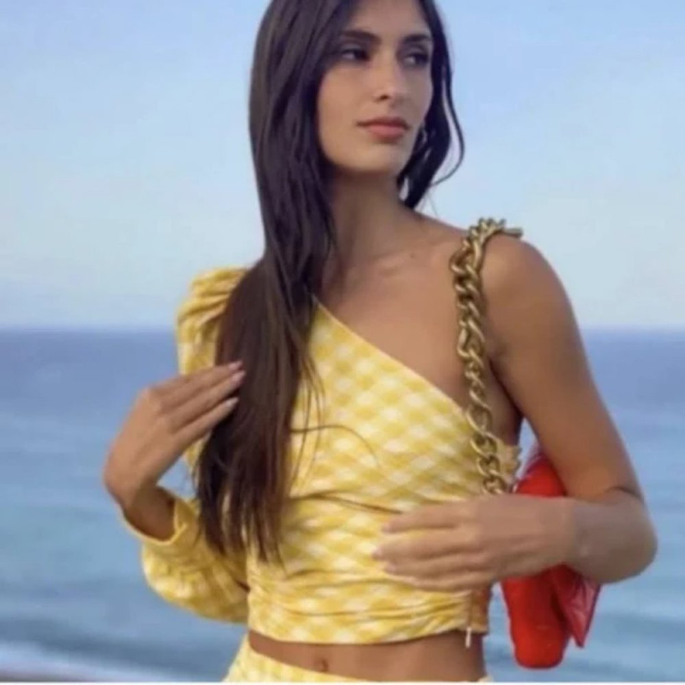 Zara Yellow Gingham One Shoulder Assymetric Crop Top